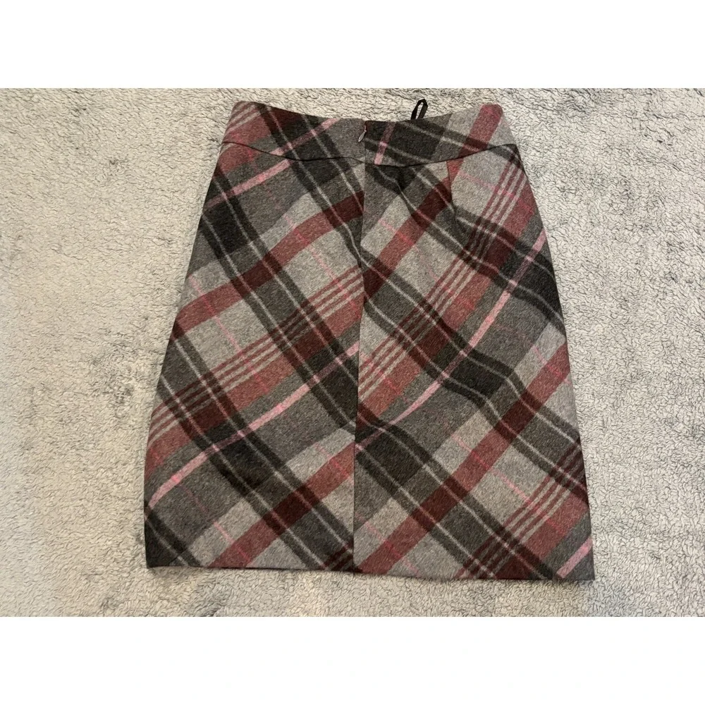 Ann Taylor Wool Blend Tweed Plaid Pencil Skirt Women's 0P Gray Maroon